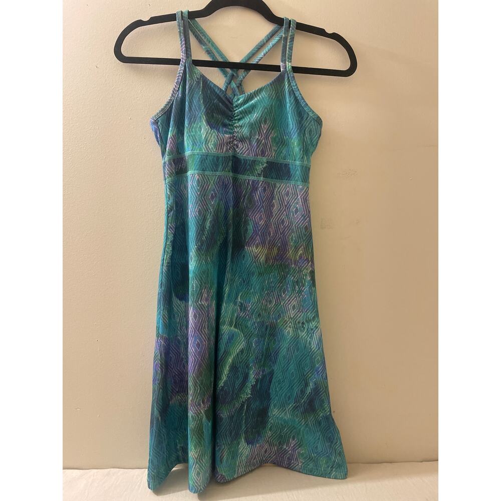 Marmot XS Teal Blue Purple Diamond Print Criss Cross Strap Dress